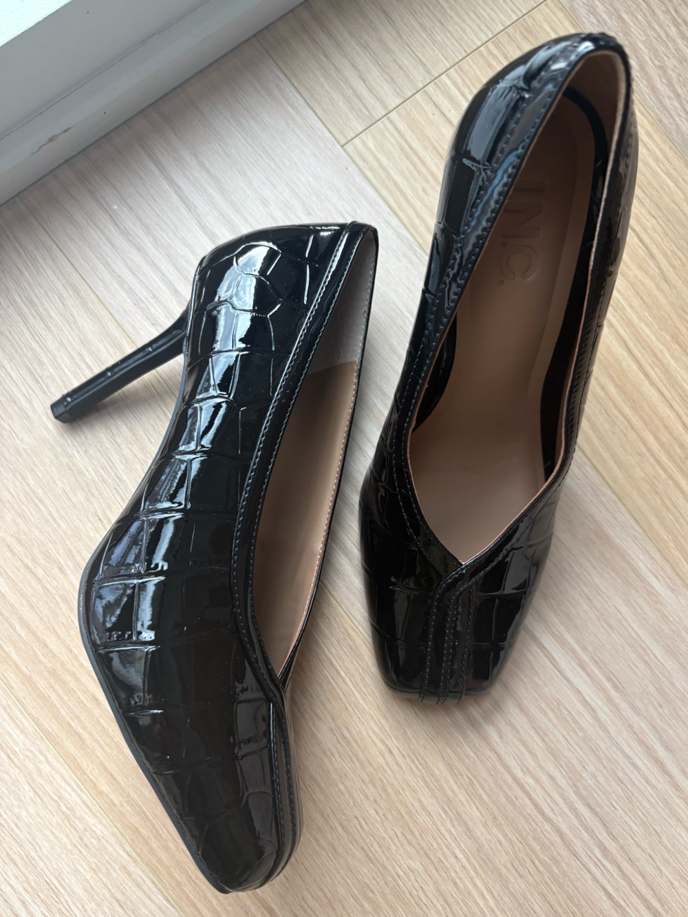 Black Croc-Embossed Patent Stiletto Pumps